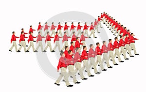 Marching businessmen in red shirts arrow pointer