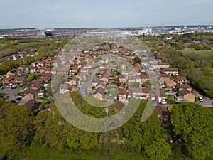 Marchwood residential area with houses aerial view towards Power Station and Southampton Docks.