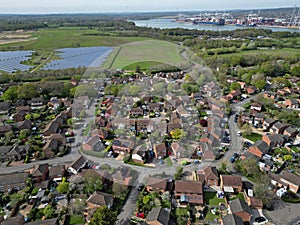 Marchwood residential street with houses and solar farm towards Southampton docks