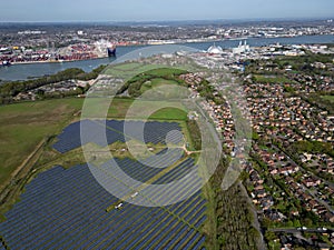 Marchwood Solar Farm aerial towards Southampton Docks and Power Station