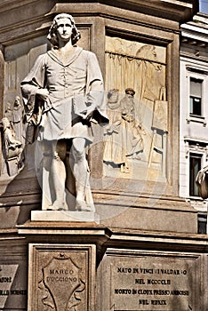 Marco D`Oggiono assistant to Leonardo. Statue in Piazza della Scala in Milan photo