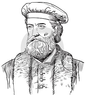 Marco Polo portrait in line art engraving illustration.