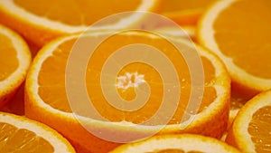 Marco shot of orange fruit and rotate.Close up flesh citrus orange. Nature background.