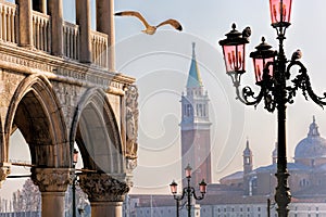 Marco square with Doges palace against St. Giorgio church in Venice, Italy