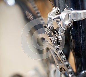 Marco view of a racing bicycle`s front derailleur