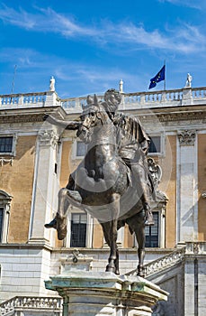 Marcus Aurelius statue on his horse in the center of the Piazza del Campidoglio, Rome, Italy