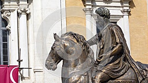 Marcus Aurelius statue on his horse in the center of the Piazza del Campidoglio, Rome, Italy
