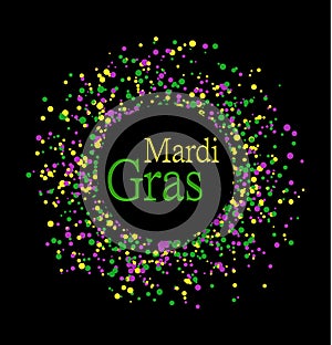 Mardi Gras abstract pattern made of colored dots on black background with colored words in center. Yellow, green and purple confet