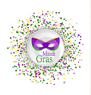 Mardi Gras abstract pattern made of colored dots on white background with colored mask in circle in center.Yellow, green and purpl