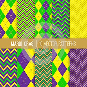 Mardi Gras Argyle and Chevron Seamless Vector Patterns.