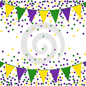 Mardi Gras background with beads and flags.