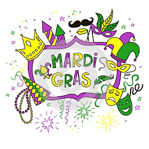 Mardi Gras background with doodle icons and objects.