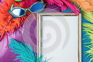 Mardi Gras background with frame, carnival mask and feathers