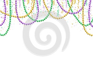 Mardi Gras background template, festive banner, colorful beads and confetti, vector illustration