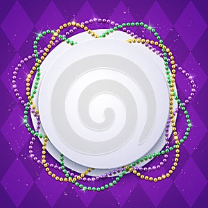 Mardi Gras banner template with decorative colorful beads frame, vector illustration