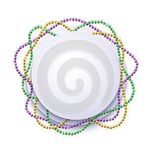 Mardi Gras banner template with decorative colorful beads frame, vector illustration