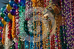 Mardi Gras beads cascading like a colorful waterfall from the ceiling in a festive display, Beads and trinkets cascading from photo