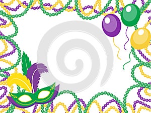 Mardi Gras beads colored frame with a mask and balloons, isolated on white background.