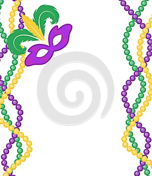 Mardi Gras beads colored frame with a mask, isolated on white background.