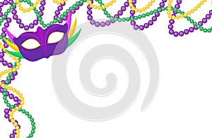 Mardi Gras beads colored frame with a mask, isolated on white background.