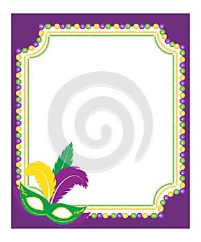 Mardi Gras beads colored frame with a mask, on white background. Template poster. Vector illustration.