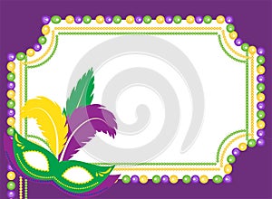 Mardi Gras beads colored frame with a mask, on white background. Template poster. Vector illustration.