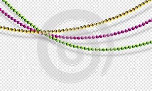 Mardi Gras beads isolated on transparent background in traditional colors purple, gold and green. Fat Tuesday decoration