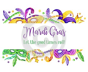 Mardi Gras border with traditional objects on top and bottom. Masks, feathers, crowns and beads
