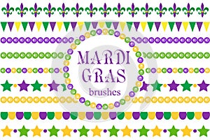 Mardi Gras borders set . Cute beads, fleur de lis ornaments, garland.
