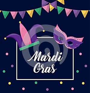 Mardi gras card with joker hat and mask photo