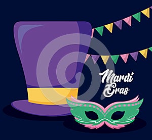 Mardi gras card with tophat and mask