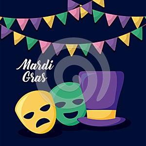 Mardi gras card with tophat and masks