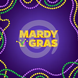 Mardi Gras carnival background with colorfull beads frame. Text with Jesters hat. Vector illustration Isolated on purple