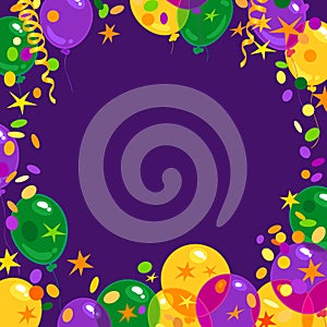 Mardi Gras carnival background with colorfull flying balloons, confetti, serpentine frame with place for text. Isolated
