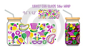 Mardi Gras carnival background, flat style. Printable Full wrap for libby glass can.