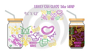 Mardi Gras carnival background, linear style. Printable Full wrap for libby glass can.