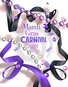 Mardi Gras carnival bammer with silk curly ribbons and necklaces and sequins.