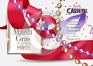 Mardi Gras carnival banner with silk curly red ribbon, golden frame, mask and necklaces with beads.