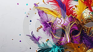 Mardi Gras Carnival Colorful Feathers and Masks Decoration Costume Dance Party Celebration on White Background, generative AI