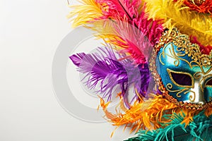 Mardi Gras Carnival Colorful Feathers and Masks Decoration Costume Dance Party Celebration on White Background, generative AI