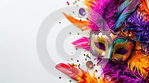 Mardi Gras Carnival Colorful Feathers and Masks Decoration Costume Dance Party Celebration on White Background, generative AI