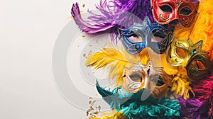 Mardi Gras Carnival Colorful Feathers and Masks Decoration Costume Dance Party Celebration on White Background, generative AI