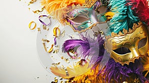 Mardi Gras Carnival Colorful Feathers and Masks Decoration Costume Dance Party Celebration on White Background, generative AI