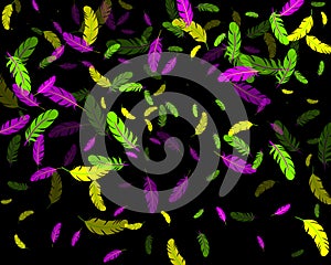 Mardi Gras carnival flying feather background.