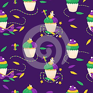 Mardi Gras carnival food seamless pattern. King Cake, cupcake with colorful icing and baby Jesus toy on purple