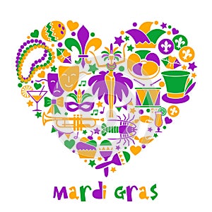 Mardi Gras carnival heart composition, flat style with feathers, beads, jester hat, mask, fleur de lis