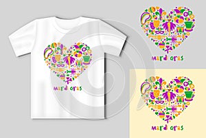 Mardi Gras carnival heart composition. Vector concept with t-shirt mockup