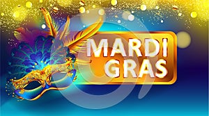 Mardi gras carnival mask poster background with bokeh effect for celebration greeting card, banner, flyer. - Vector