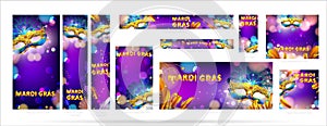 Mardi gras carnival mask web banner ad poster background with bokeh effect for celebration greeting card, banner, flyer. - Vector