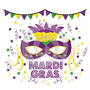Mardi gras carnival masks with feathers garland confetti decoration white background